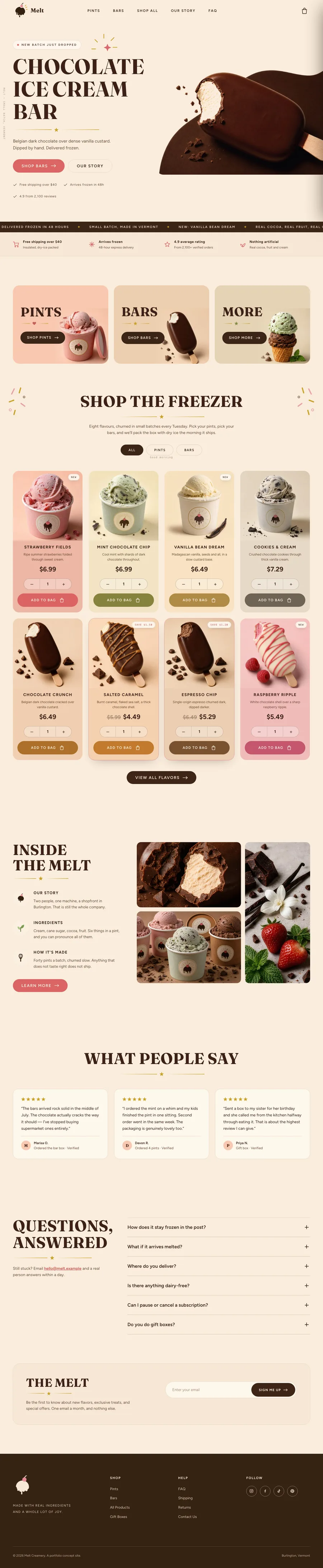 Melt, whole page: a chocolate bar hero on cream, three category tiles, a freezer grid of eight flavours with prices and quantity steppers, the kitchen story, reviews and an FAQ.