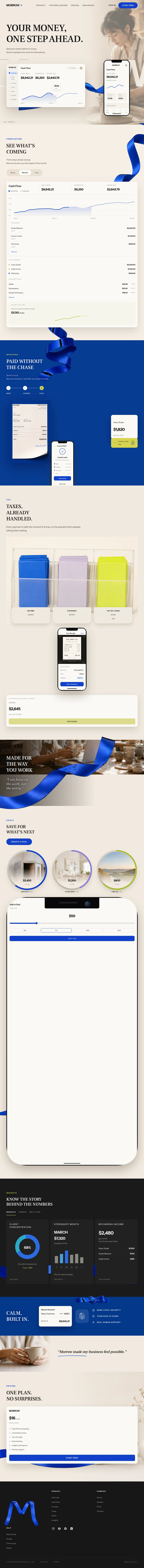 Morrow, whole page: a cream fold with a cash-flow chart, a blue ribbon threading down through invoice, tax and savings screens, a dark insights section and a plan comparison.