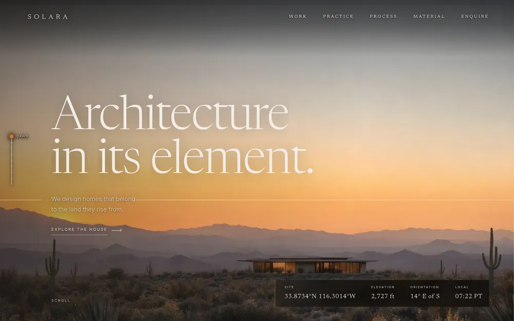 Solara — a desert house at golden hour under a wide sky