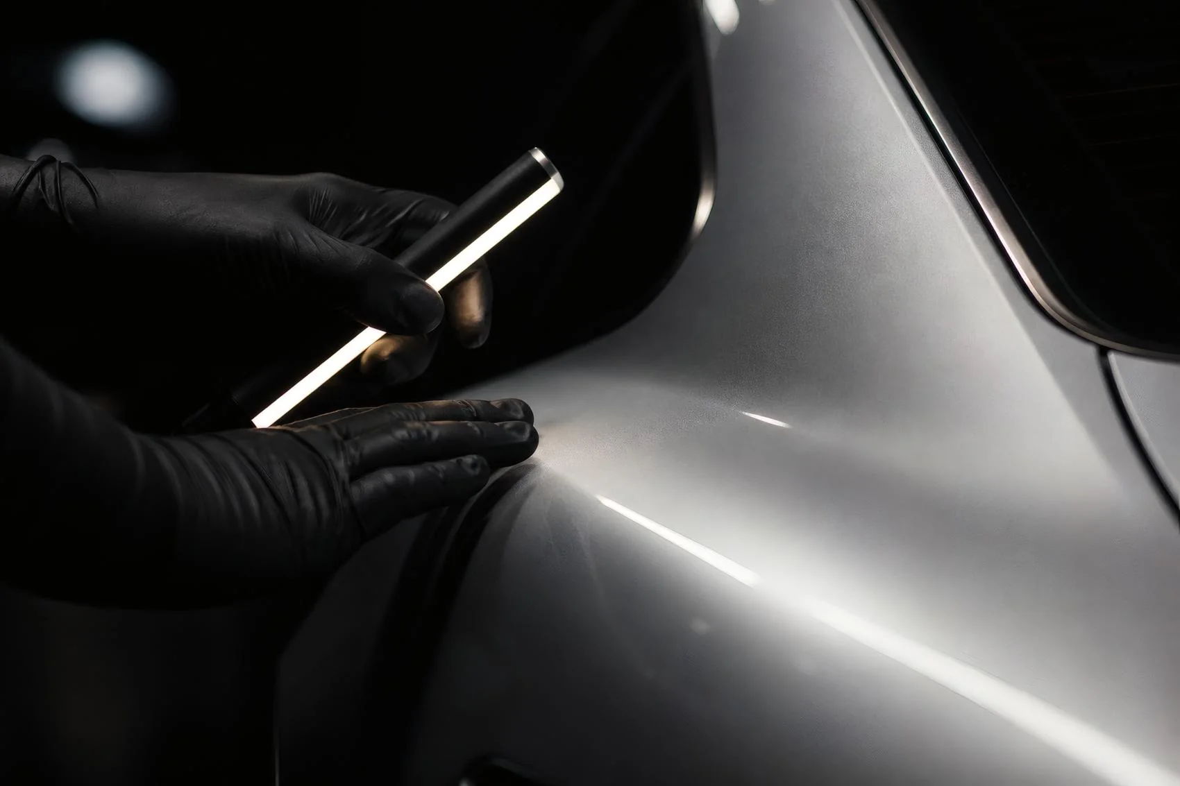 A gloved hand raking an inspection lamp along the rear haunch of a silver 911