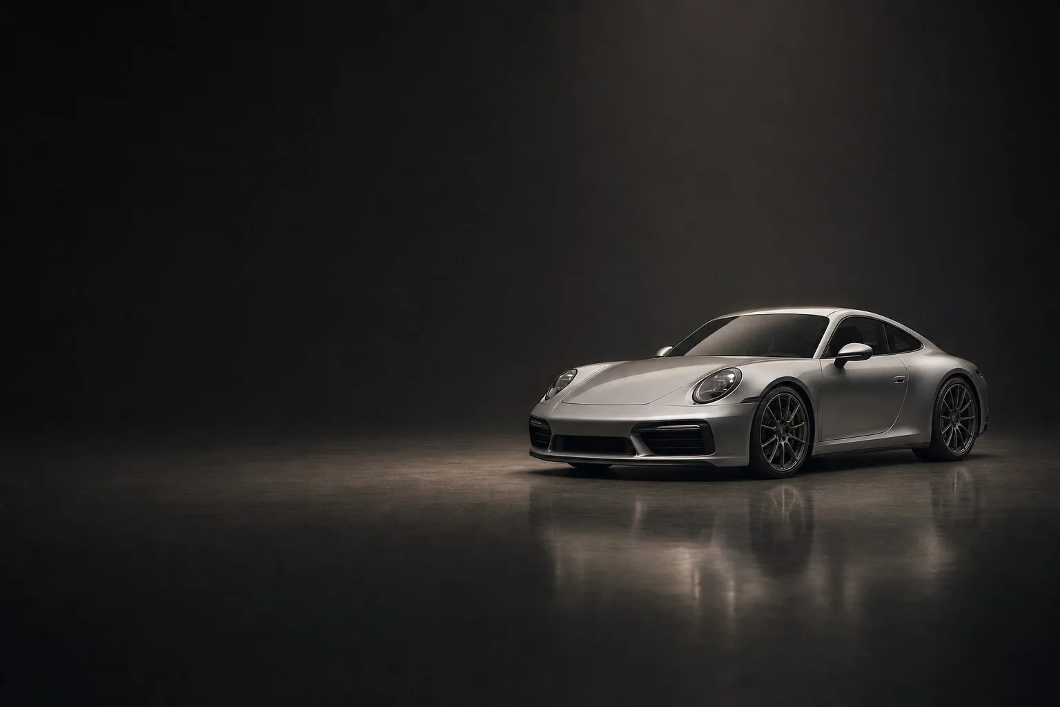 A single silver 911 alone in a dark room