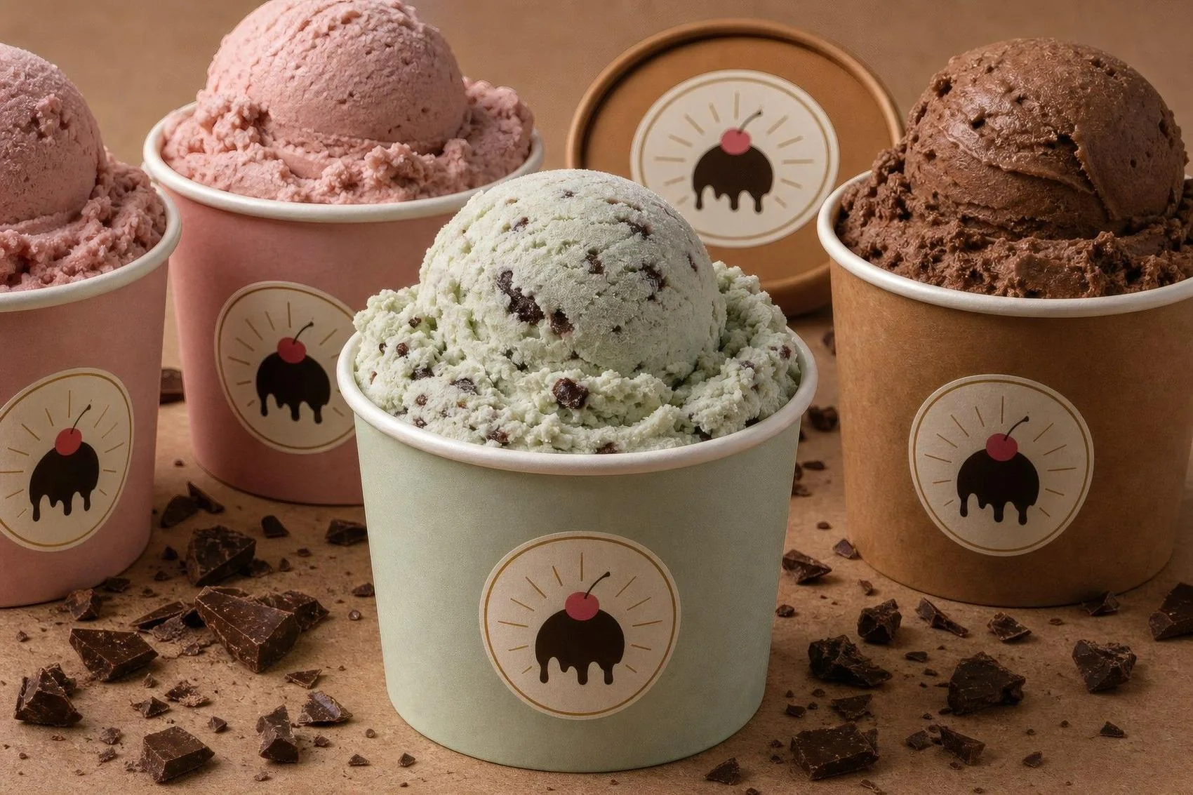 A row of open pints in strawberry, mint and chocolate