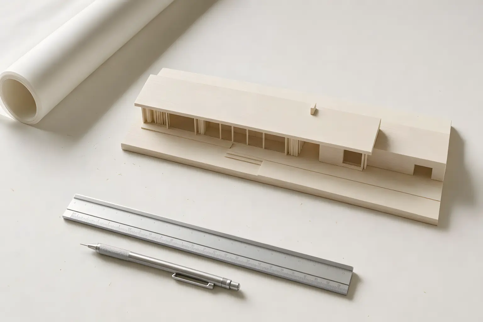 A basswood massing model, drafting film and a scale rule on a studio table